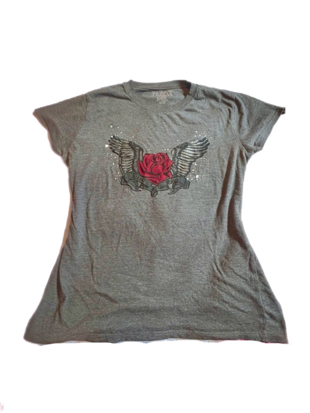 Vintage Freeze Gray Short-Sleeve Tee with Red Rose Wing Graphic Y2K
